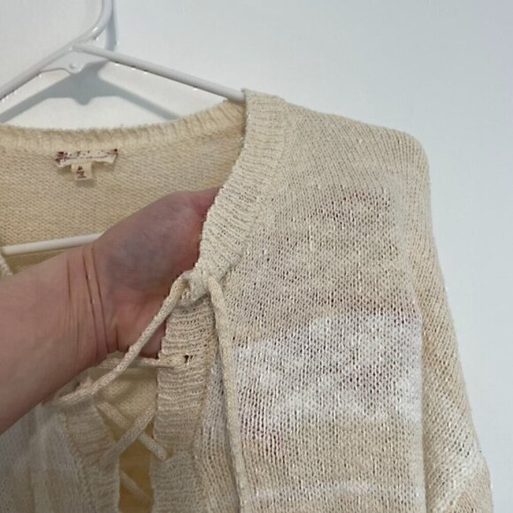 HEM & THREAD ALTAR'D STATE Cream White Striped Lace Up Knit Pullover Sweatshirt - Picture 6 of 14